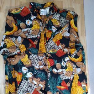 Vintage Kalaheo Hula Dancer Ukulele Coconuts Bananas Hawaiian Shirt